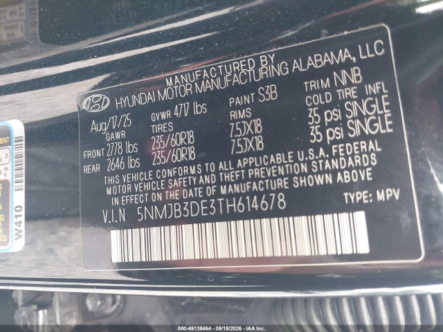 Продажа на аукционе авто 2026 Hyundai Tucson Sel, vin: 5NMJB3DE3TH614678, номер лота: 46139464