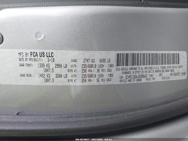 Aukcja sprzedaży 2018 Chrysler Pacifica Touring L, vin: 2C4RC1BG4JR258642, numer aukcji: 46139477