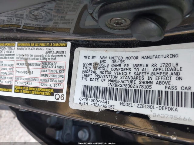 Продаж на аукціоні авто 2006 Toyota Corolla Ce, vin: 1NXBR32E06Z578105, номер лоту: 46139488