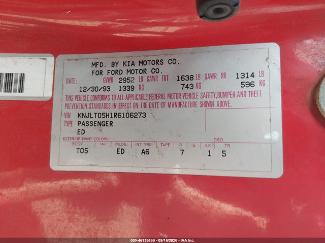1994 Ford Aspire მანქანა იყიდება აუქციონზე, vin: KNJLT05H1R6106273, აუქციონის ნომერი: 46139499