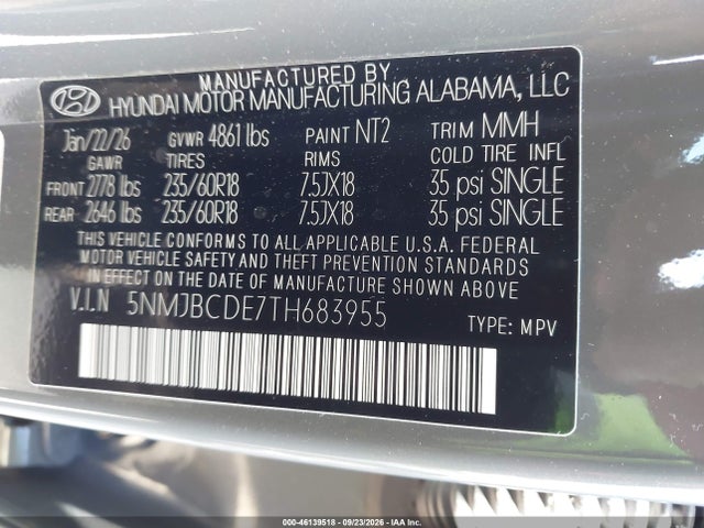 Aukcja sprzedaży 2026 Hyundai Tucson Sel, vin: 5NMJBCDE7TH683955, numer aukcji: 46139518