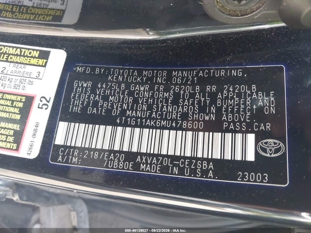 2021 Toyota Camry Se მანქანა იყიდება აუქციონზე, vin: 4T1G11AK6MU478600, აუქციონის ნომერი: 46139527