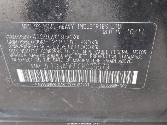 2012 Subaru Impreza 2.0i Premium მანქანა იყიდება აუქციონზე, vin: JF1GJAD65CH006579, აუქციონის ნომერი: 46139530