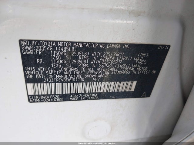 Продажа на аукционе авто 2014 Toyota Rav4 Le, vin: 2T3ZFREV8EW101210, номер лота: 46139538