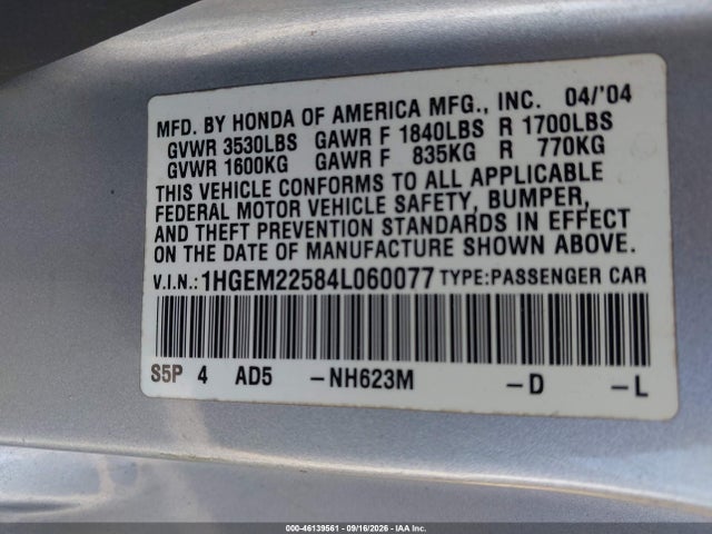 46139561 :رقم المزاد ، 1HGEM22584L060077 vin ، 2004 Honda Civic Lx مزاد بيع