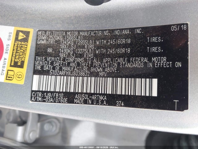 46139581 :رقم المزاد ، 5TDZARFHXJS038632 vin ، 2018 Toyota Highlander Le مزاد بيع