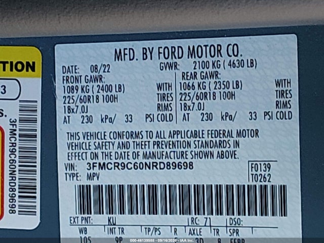 46139588 :رقم المزاد ، 3FMCR9C60NRD89698 vin ، 2022 Ford Bronco Sport Outer Banks مزاد بيع