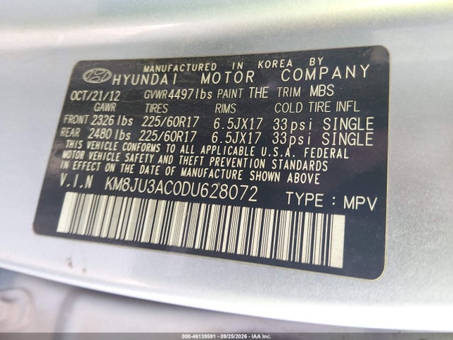 Продаж на аукціоні авто 2013 Hyundai Tucson Gls, vin: KM8JU3AC0DU628072, номер лоту: 46139591