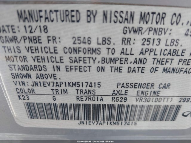46139595 :رقم المزاد ، JN1EV7AP1KM517415 vin ، 2019 Infiniti Q50 3.0t Luxe مزاد بيع