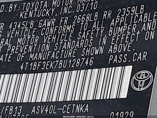 2011 Toyota Camry Le მანქანა იყიდება აუქციონზე, vin: 4T1BF3EK7BU128746, აუქციონის ნომერი: 46139599