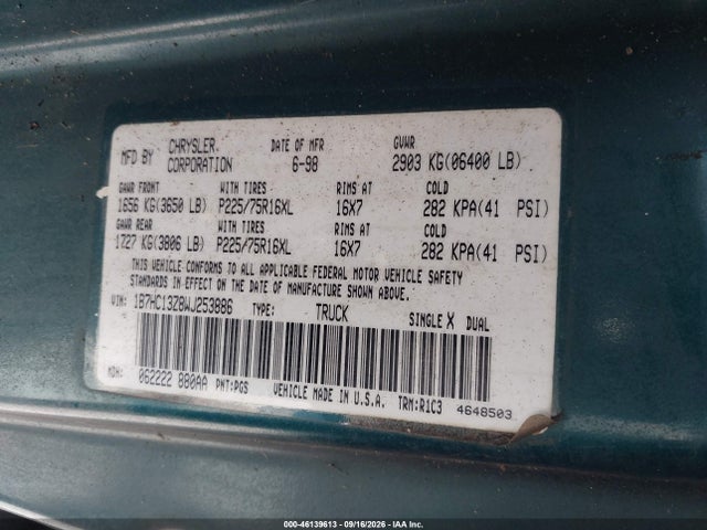 Продажа на аукционе авто 1998 Dodge Ram 1500 St, vin: 1B7HC13Z8WJ253886, номер лота: 46139613