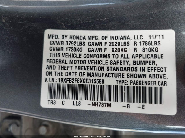 Продаж на аукціоні авто 2012 Honda Civic Ex, vin: 19XFB2F8XCE315588, номер лоту: 46139645