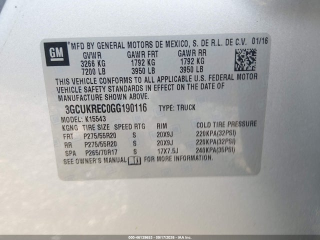 Aukcja sprzedaży 2016 Chevrolet Silverado 1500 2lt, vin: 3GCUKREC0GG190116, numer aukcji: 46139653