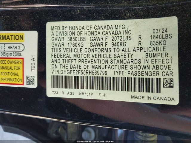Auction sale of the 2024 Honda Civic Sport, vin: 2HGFE2F55RH569799, lot number: 46139655