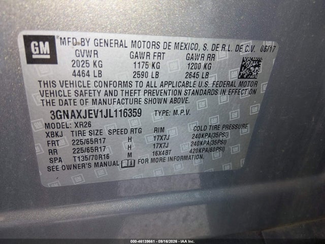 2018 Chevrolet Equinox Lt მანქანა იყიდება აუქციონზე, vin: 3GNAXJEV1JL116359, აუქციონის ნომერი: 46139661