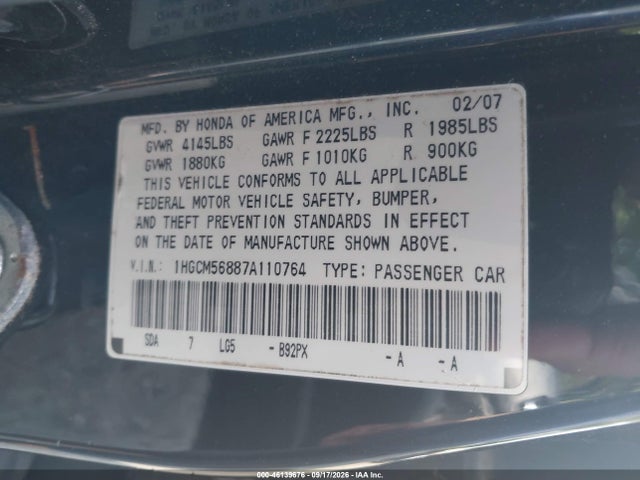 Продажа на аукционе авто 2007 Honda Accord 2.4 Ex, vin: 1HGCM56887A110764, номер лота: 46139676