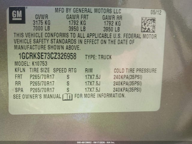 Продаж на аукціоні авто 2012 Chevrolet Silverado 1500 Lt, vin: 1GCRKSE73CZ326958, номер лоту: 46139682