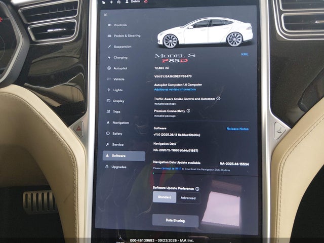 2014 Tesla Model S P85d მანქანა იყიდება აუქციონზე, vin: 5YJSA1H20EFP63470, აუქციონის ნომერი: 46139683