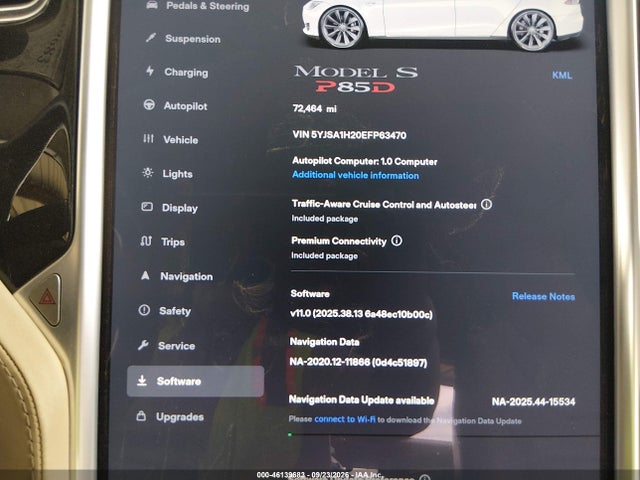 2014 Tesla Model S P85d მანქანა იყიდება აუქციონზე, vin: 5YJSA1H20EFP63470, აუქციონის ნომერი: 46139683