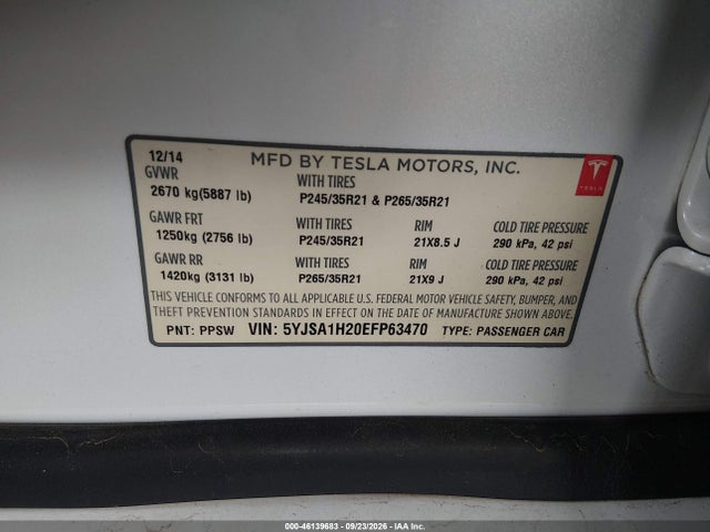 2014 Tesla Model S P85d მანქანა იყიდება აუქციონზე, vin: 5YJSA1H20EFP63470, აუქციონის ნომერი: 46139683