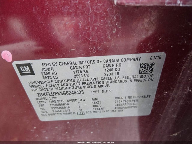 46139687 :رقم المزاد ، 2GKFLUEK3G6245433 vin ، 2016 Gmc Terrain Slt مزاد بيع