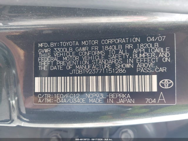 Продаж на аукціоні авто 2007 Toyota Yaris, vin: JTDBT923771151286, номер лоту: 46139723