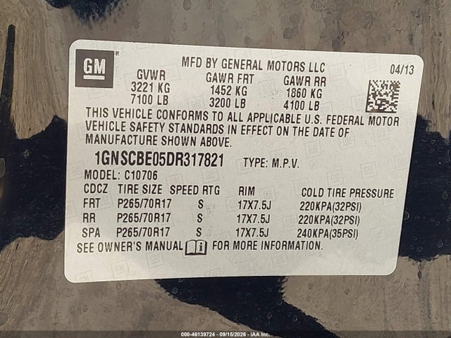 2013 Chevrolet Tahoe Lt მანქანა იყიდება აუქციონზე, vin: 1GNSCBE05DR317821, აუქციონის ნომერი: 46139724