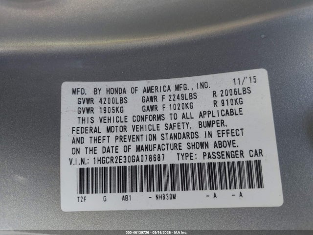 Honda ACCORD LX 2016 1HGCR2E30GA078687 Image 9