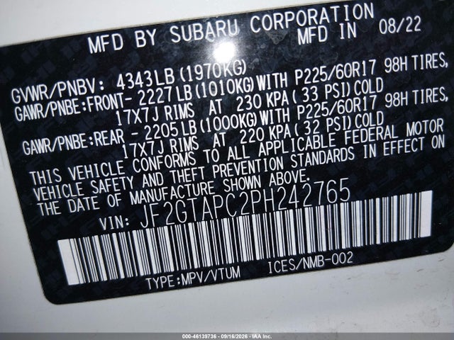 2023 Subaru Crosstrek Premium მანქანა იყიდება აუქციონზე, vin: JF2GTAPC2PH242765, აუქციონის ნომერი: 46139736