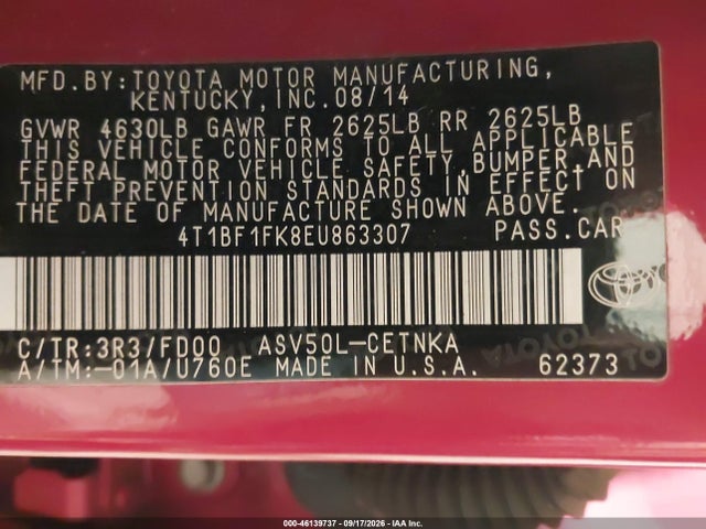 46139737 :رقم المزاد ، 4T1BF1FK8EU863307 vin ، 2014 Toyota Camry Le مزاد بيع