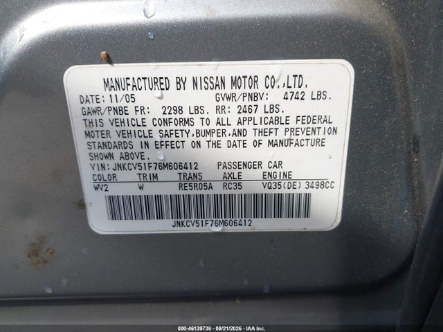 2006 Infiniti G35x მანქანა იყიდება აუქციონზე, vin: JNKCV51F76M606412, აუქციონის ნომერი: 46139738