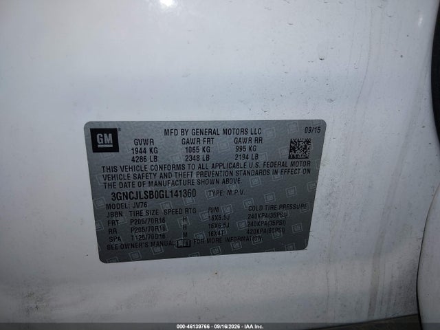 Chevrolet Trax Lt 2016 3GNCJLSB0GL141360 Image 9