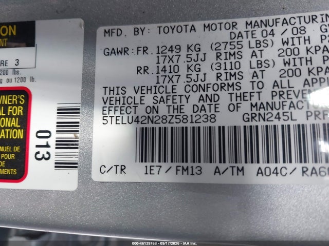 46139768 :رقم المزاد ، 5TELU42N28Z581238 vin ، 2008 Toyota Tacoma Base V6 مزاد بيع