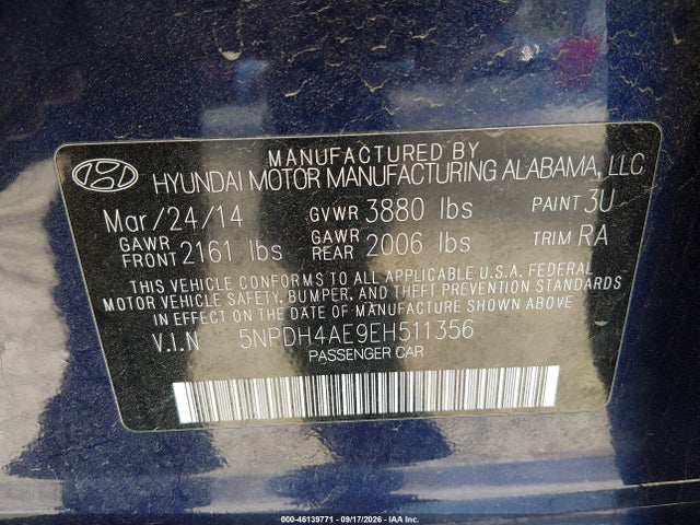 Продаж на аукціоні авто 2014 Hyundai Elantra Limited, vin: 5NPDH4AE9EH511356, номер лоту: 46139771