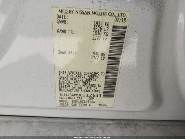Продаж на аукціоні авто 2018 Nissan Altima 2.5 Sv, vin: 1N4AL3APXJC212631, номер лоту: 46139817