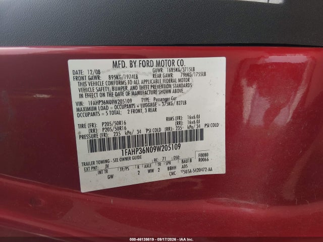 2009 Ford Focus Ses მანქანა იყიდება აუქციონზე, vin: 1FAHP36N09W205109, აუქციონის ნომერი: 46139819
