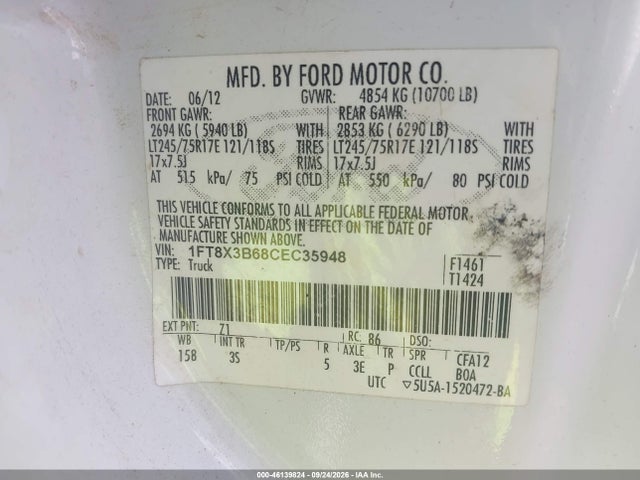 Aukcja sprzedaży 2012 Ford F-350 Xlt, vin: 1FT8X3B68CEC35948, numer aukcji: 46139824