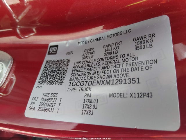 Auction sale of the 2021 Chevrolet Colorado, vin: 1GCGTDENXM1291351, lot number: 46139831