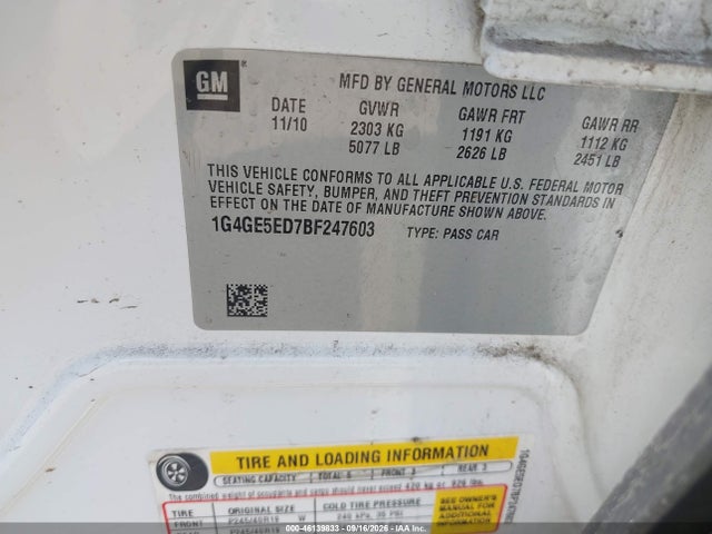 2011 Buick Lacrosse Cxs მანქანა იყიდება აუქციონზე, vin: 1G4GE5ED7BF247603, აუქციონის ნომერი: 46139833