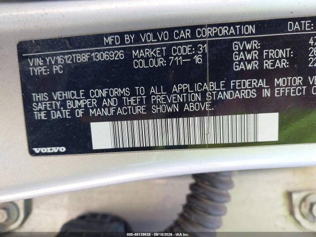 46139838 :رقم المزاد ، YV1612TB8F1306926 vin ، 2015 Volvo S60 T5 Premier مزاد بيع