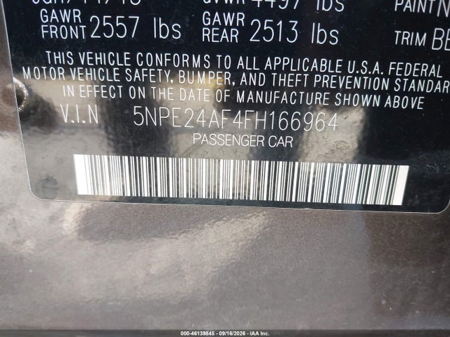 46139845 :رقم المزاد ، 5NPE24AF4FH166964 vin ، 2015 Hyundai Sonata Se مزاد بيع