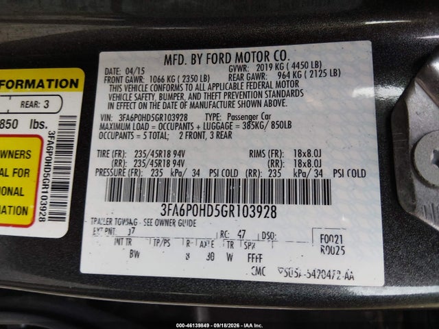 Продажа на аукционе авто 2016 Ford Fusion Se, vin: 3FA6P0HD5GR103928, номер лота: 46139849