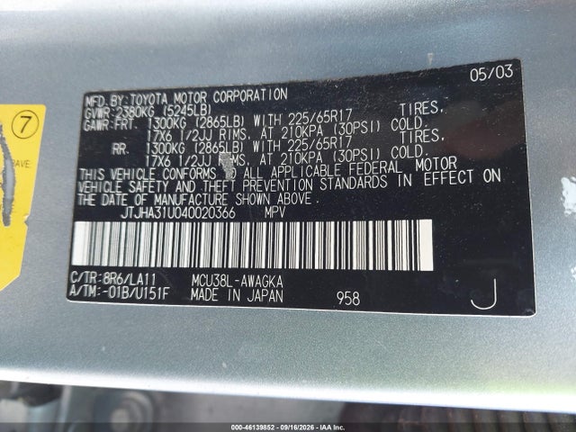 Продаж на аукціоні авто 2004 Lexus Rx 330, vin: JTJHA31U040020366, номер лоту: 46139852