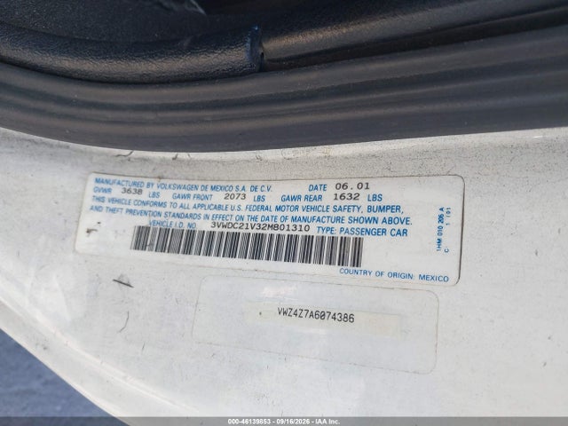 Aukcja sprzedaży 2002 Volkswagen Cabrio Glx, vin: 3VWDC21V32M801310, numer aukcji: 46139853