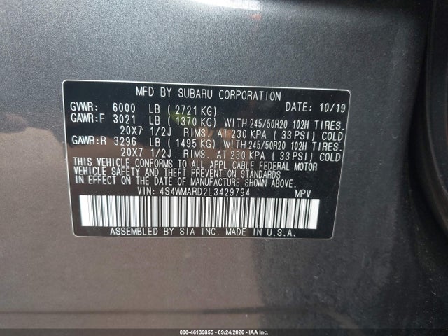 Aukcja sprzedaży 2020 Subaru Ascent Touring, vin: 4S4WMARD2L3429794, numer aukcji: 46139855