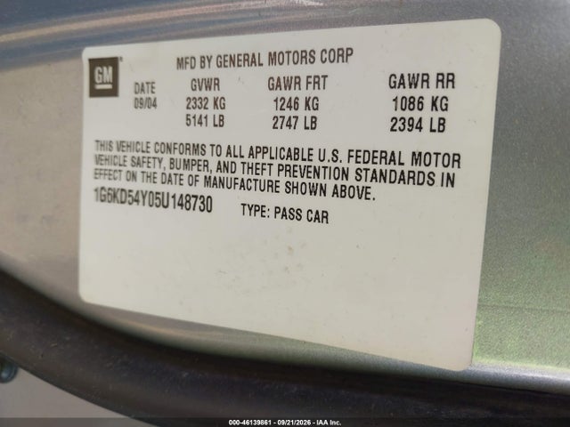46139861 :رقم المزاد ، 1G6KD54Y05U148730 vin ، 2005 Cadillac Deville Livery مزاد بيع