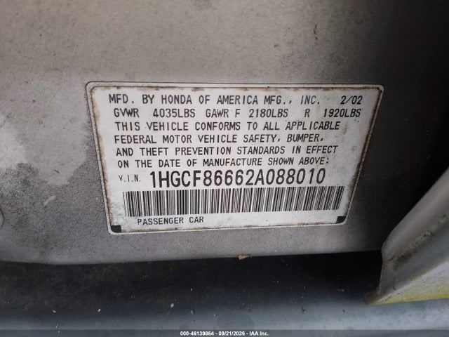46139864 :رقم المزاد ، 1HGCF86662A088010 vin ، 2002 Honda Accord 2.3 Vp مزاد بيع