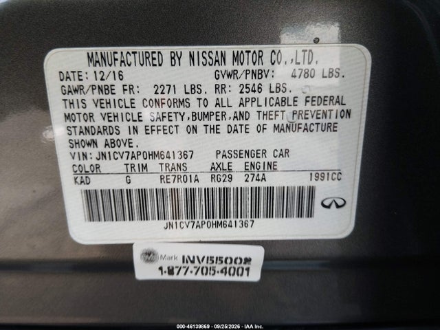 2017 Infiniti Q50 2.0t Base მანქანა იყიდება აუქციონზე, vin: JN1CV7AP0HM641367, აუქციონის ნომერი: 46139869