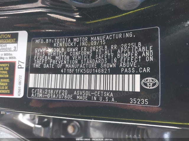 2016 Toyota Camry Se მანქანა იყიდება აუქციონზე, vin: 4T1BF1FK5GU146821, აუქციონის ნომერი: 46139880