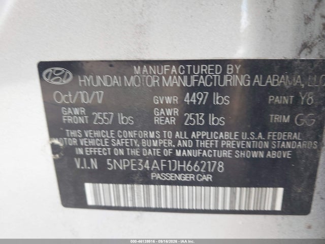 Aukcja sprzedaży 2018 Hyundai Sonata Limited, vin: 5NPE34AF1JH662178, numer aukcji: 46139916